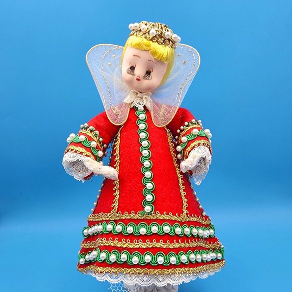 Vintage 1960s Angel Tree Topper Red Felt Dress Gold Trim Pearls Yellow Hair 9" - Picture 2 of 11